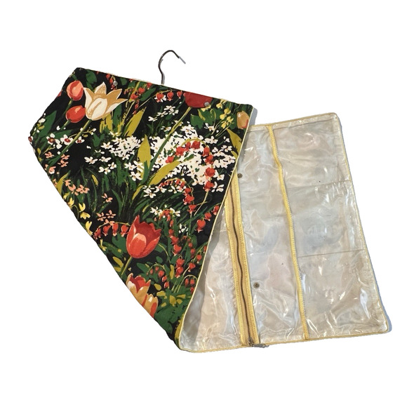 VIntage Travel Jewely Case Storage Floral Fold Up Hanger Top Zippered Pockets - Picture 1 of 13